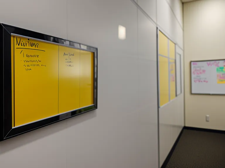 Design Sprint Workshop: Nahaufnahme eines Whiteboards mit gelben Post-its und handgezeichneten Verbindungslinien für visuelles Denken im Team