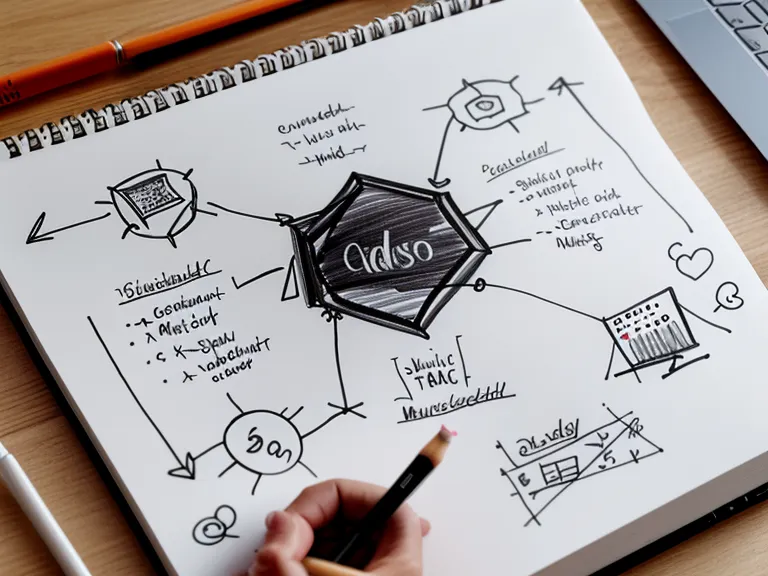 Aufgeschlagenes Notizbuch mit schnellen, funktionalen Sketchnotes und reduzierten Symbolen für Meetings.